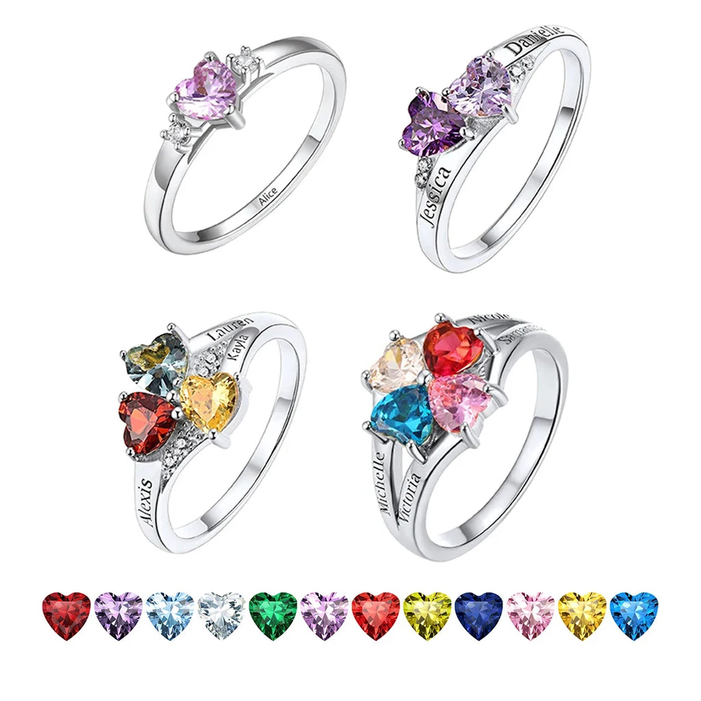 U7 Custom Woman Rings with 1-4pcs Heart Birthstones Personalized Mother's Day Wedding Size 5-11 Names Ring Jewelry Gift for Her